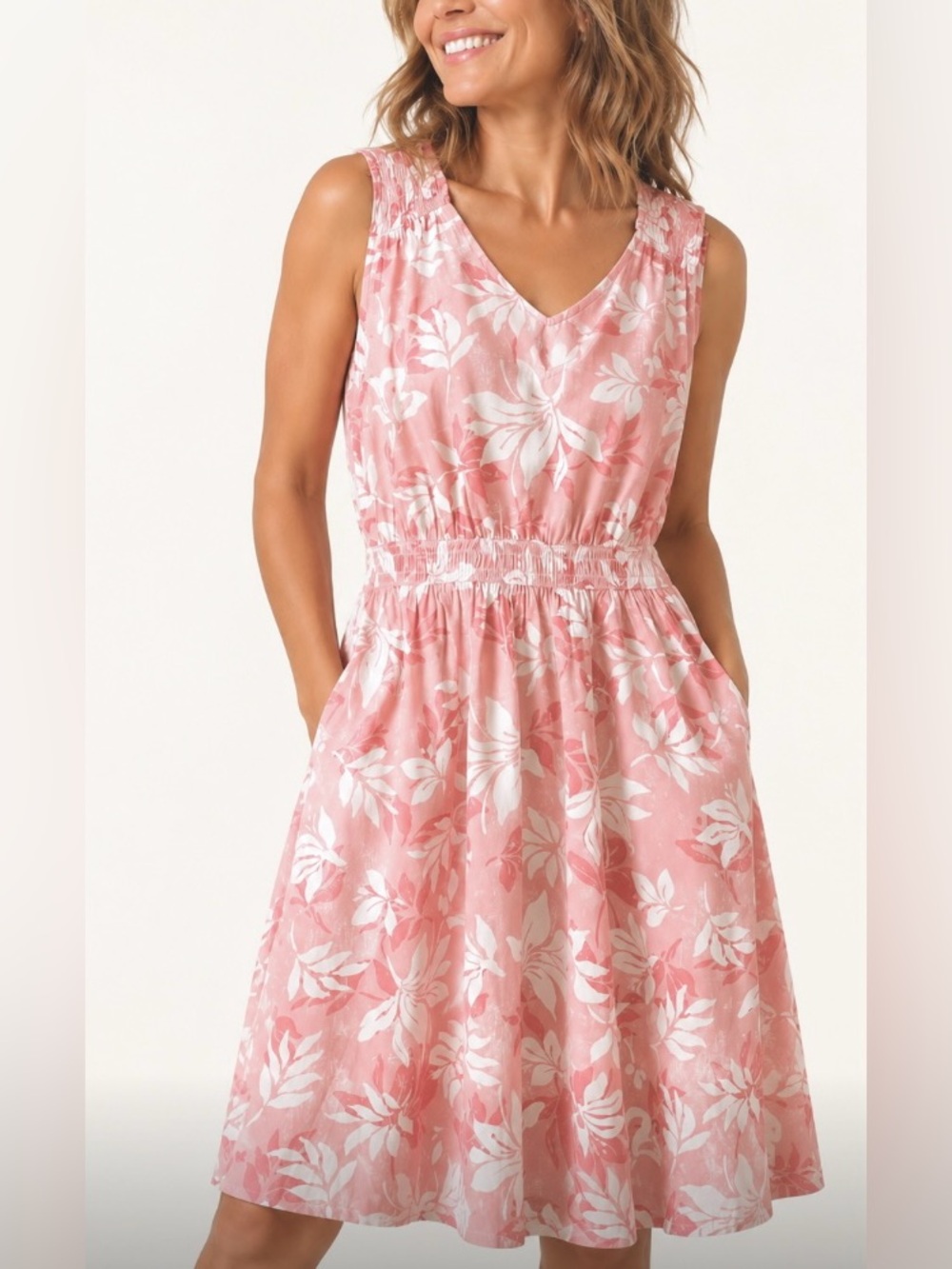 SUZY SHIER Pink & White Floral Sleeveless V-Neck Midi Dress With Pockets